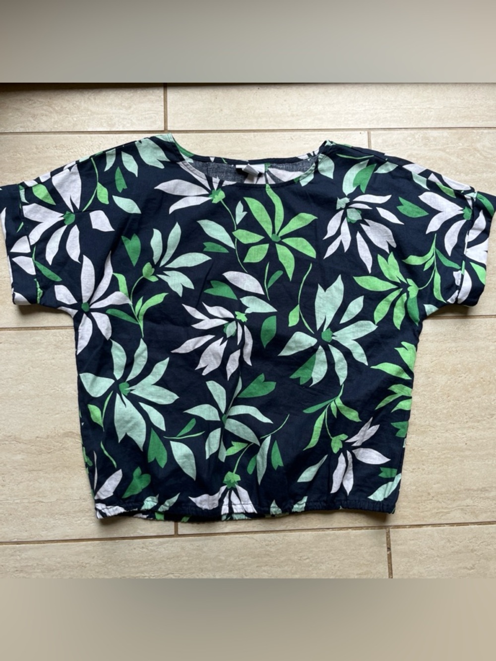 Linen Cotton Cropped Boxy Floral Top Navy Green Resort Coastal Art Teacher XS
